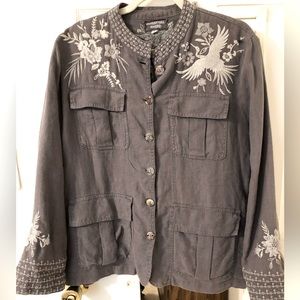 Johnny Was oleander grey linen embroidered jacket.excellent condition worn once
